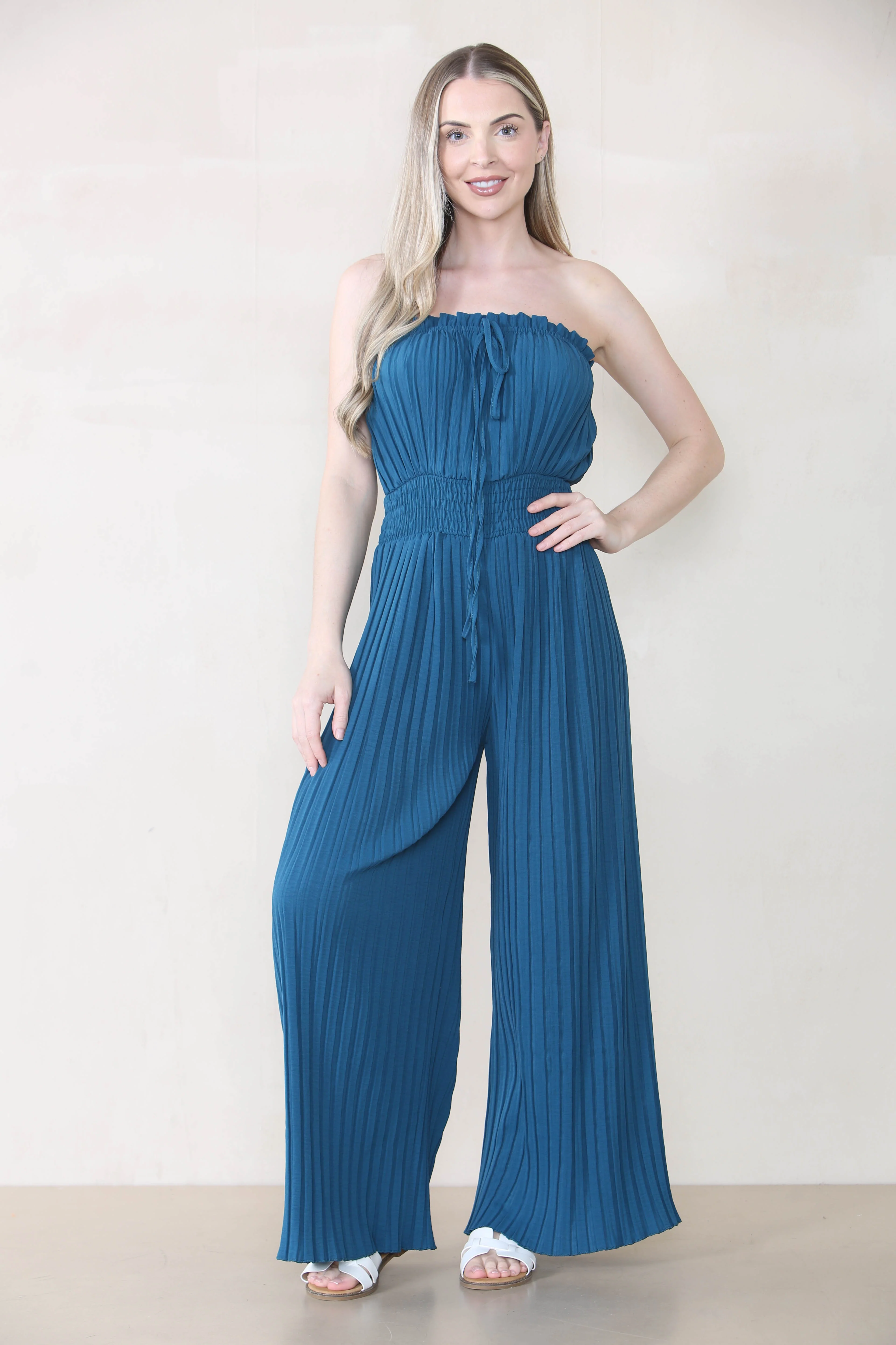 KATCH ME Tie-Up Ruched Waist Pleated Wide Leg Jumpsuit - Image 15