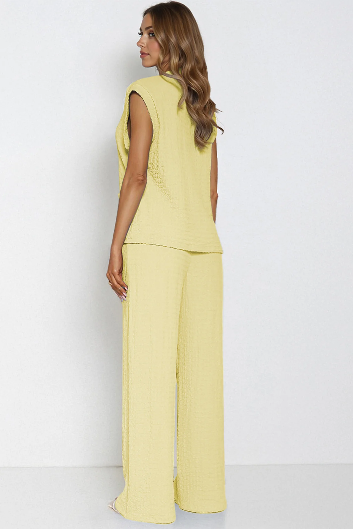 KATCH ME V Neck Gold Button Decor Loose Tank Top & Wide Leg Trousers Co-ord Set - Image 2