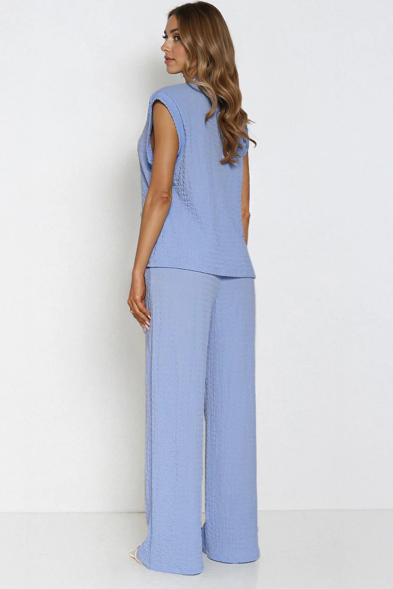 KATCH ME V Neck Gold Button Decor Loose Tank Top & Wide Leg Trousers Co-ord Set - Image 4