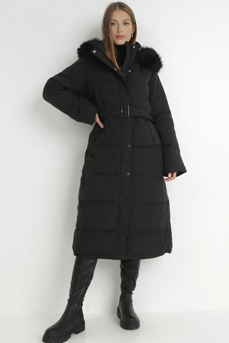 KATCH ME Winter Plush Hooded Belt Decor Thermal Cotton Coat