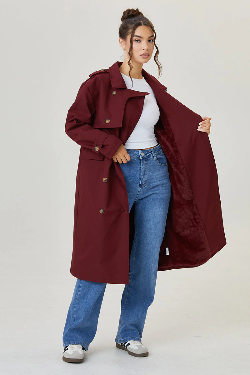 KATCH ME Double Breasted Belted Fleece Lined Trench Coat - Image 18