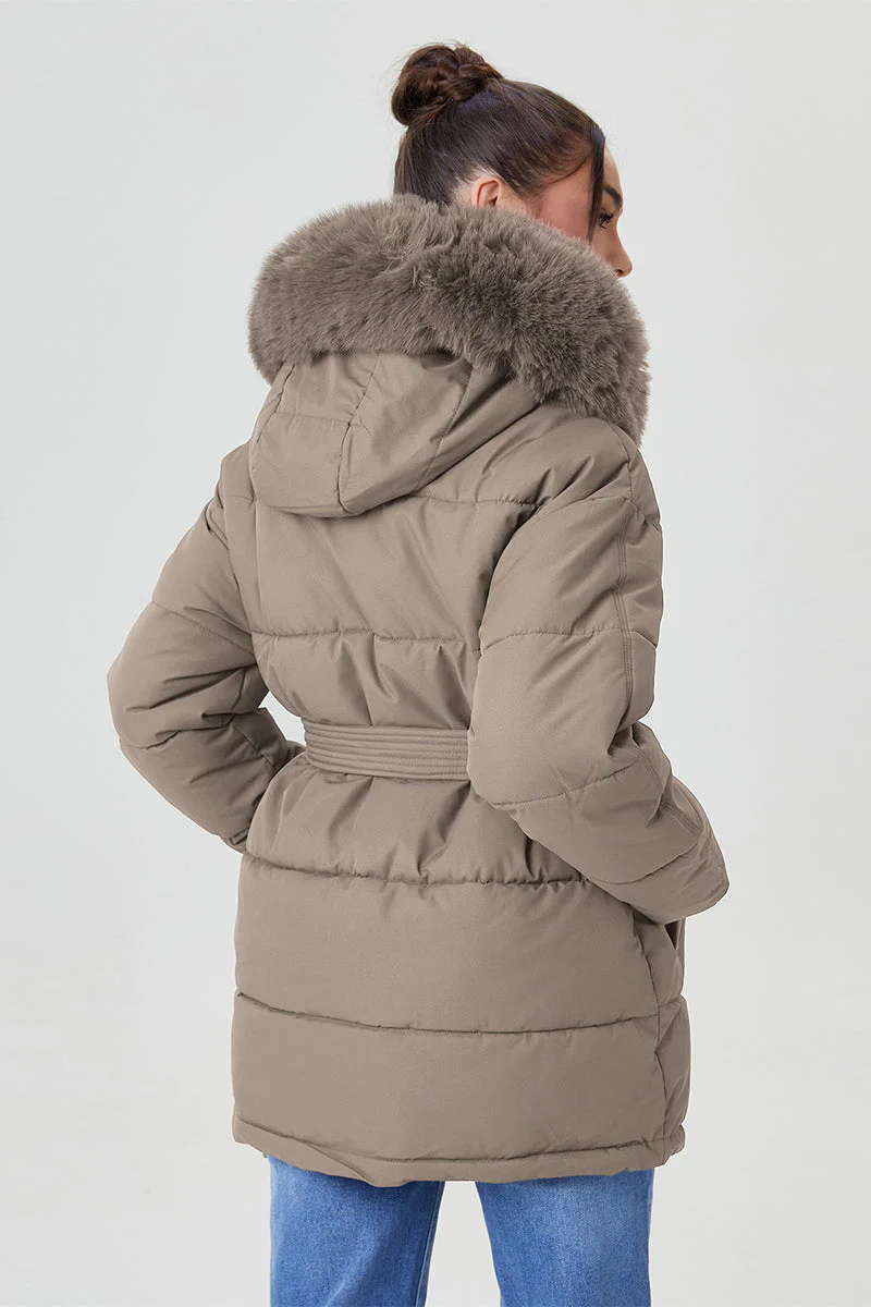 KATCH ME Fluffy Hooded Zip-Up Belted Mid-Length Cotton Coat - Image 11