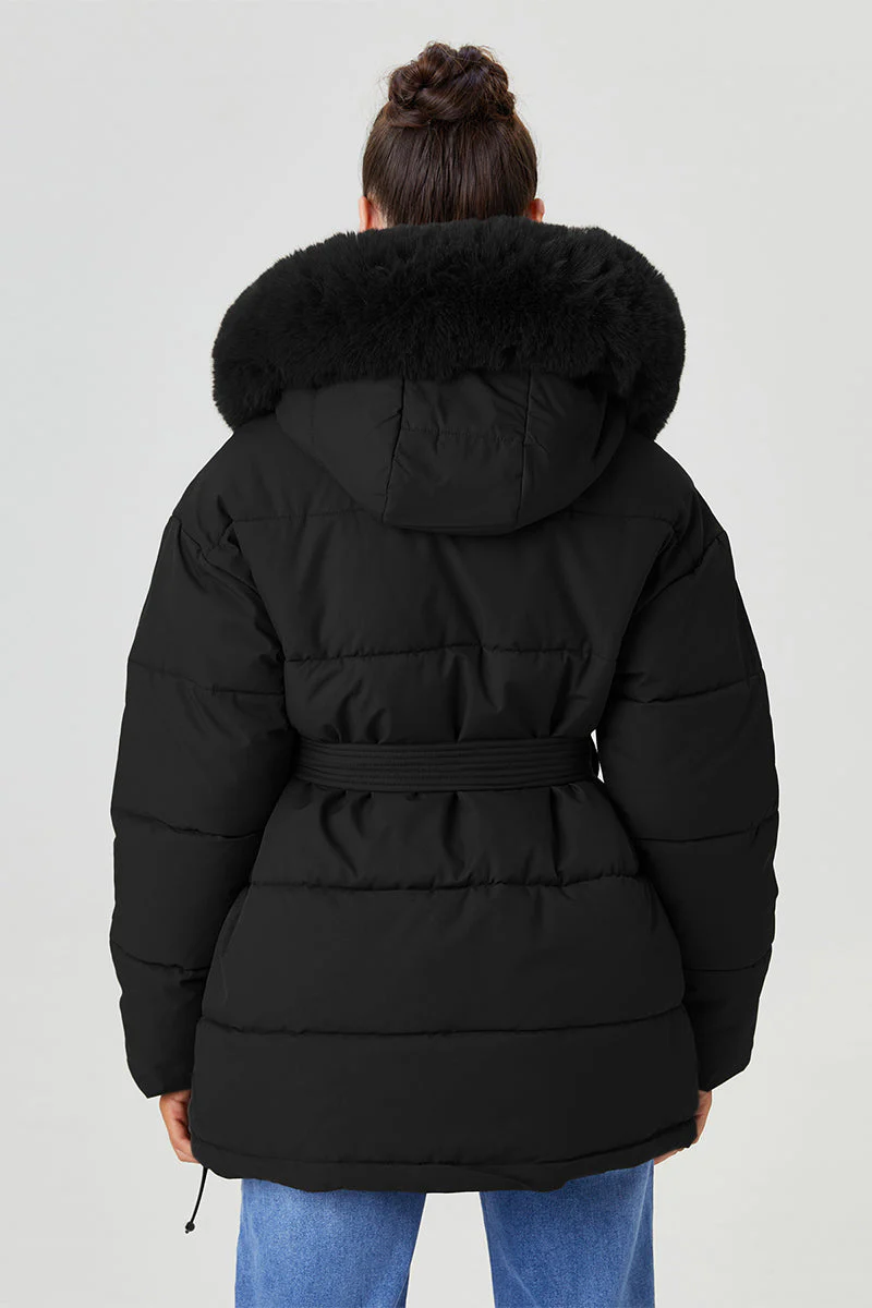 KATCH ME Fluffy Hooded Zip-Up Belted Mid-Length Cotton Coat - Image 4