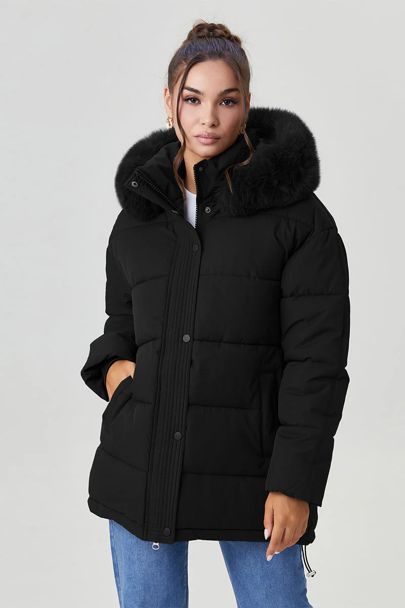KATCH ME Fluffy Hooded Zip-Up Belted Mid-Length Cotton Coat - Image 5