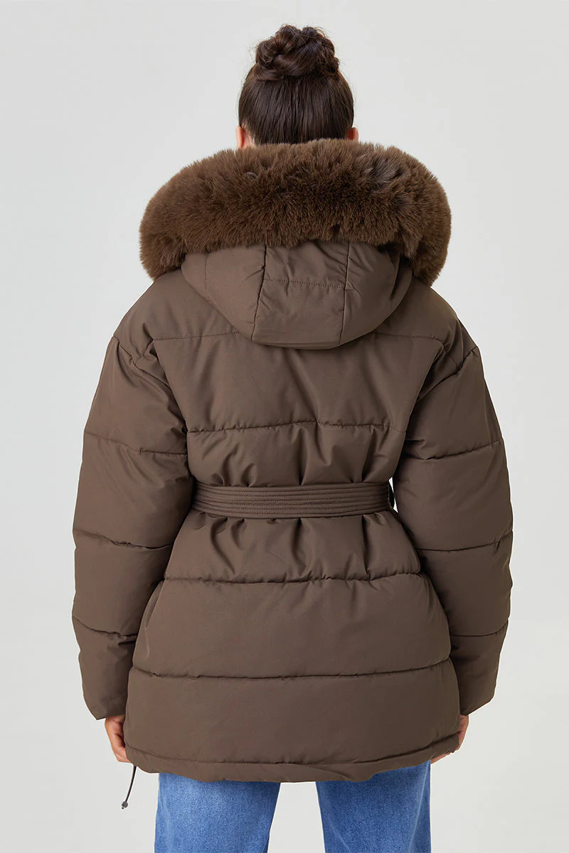 KATCH ME Fluffy Hooded Zip-Up Belted Mid-Length Cotton Coat - Image 7